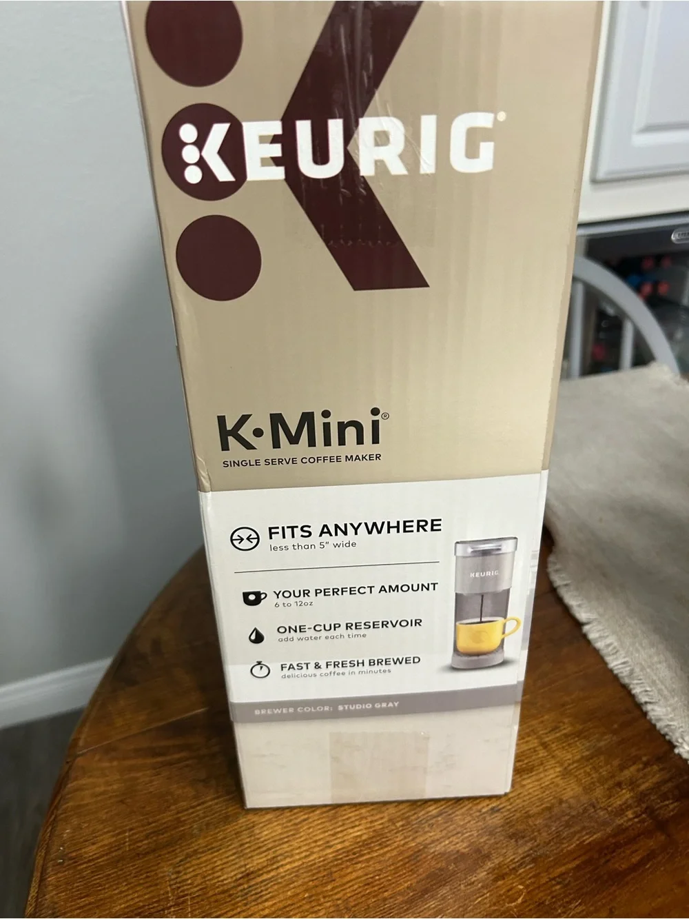 Brand new Keurig K-Mini Single Serve Coffee Maker Box with Yellow Mug Artwork
